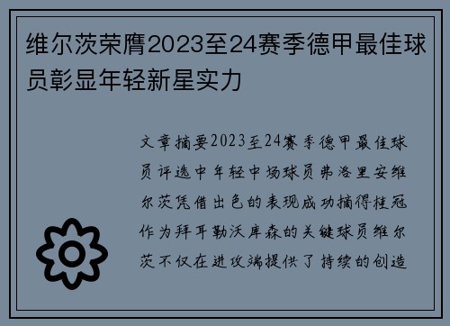 维尔茨荣膺2023至24赛季德甲最佳球员彰显年轻新星实力